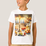 Camiseta Feliz Hanukkah<br><div class="desc">Ilustracion acuático Hanukkah. Una mesa muy bien arreglada para una celebración festiva,  con una menorah tradicional con velas encendidas. La luz es suave y cálida,  mientras que la decoración de las vacaciones aporta un toque de alegría. Las luces cálidas crean un ambiente acogedor y acogedor.</div>