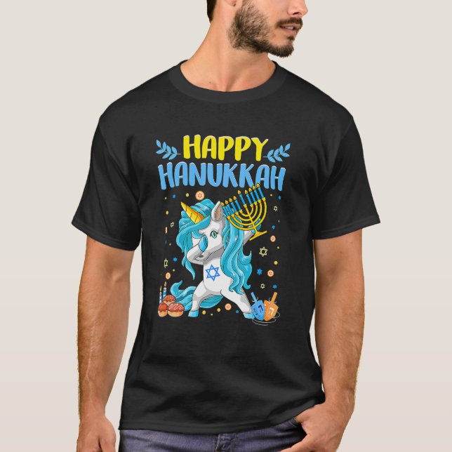 Camiseta Feliz Hanukkah Dabbing, niños judíos unicornios (Anverso)
