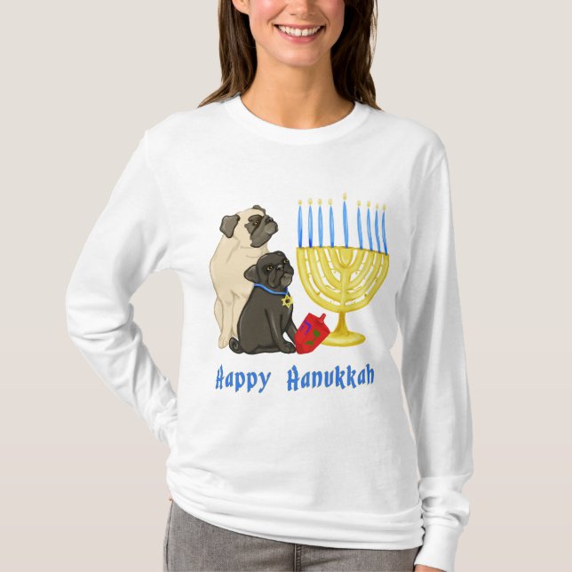 Camiseta Feliz Hanukkah Pugs con Menorah (Anverso)