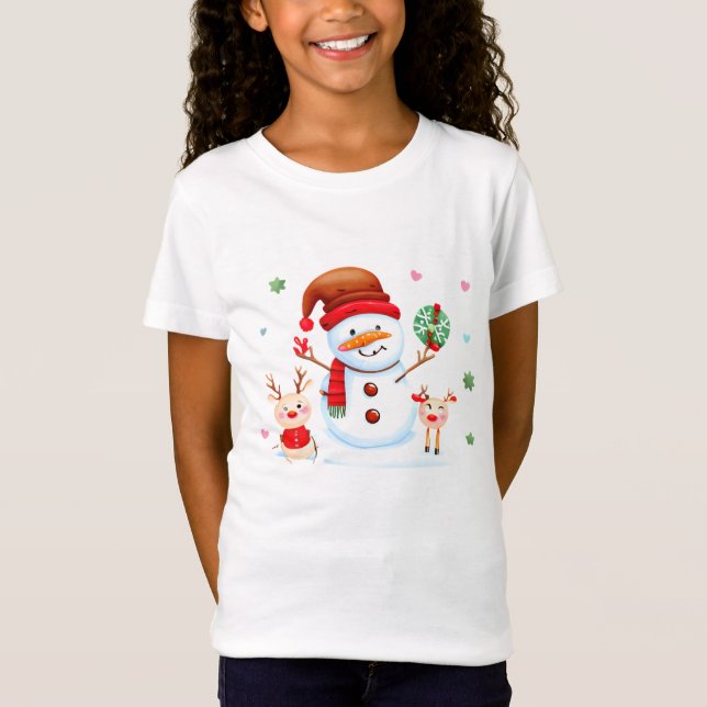Camiseta Feliz hombre de nieve y bebés renos brillantes (Anverso)