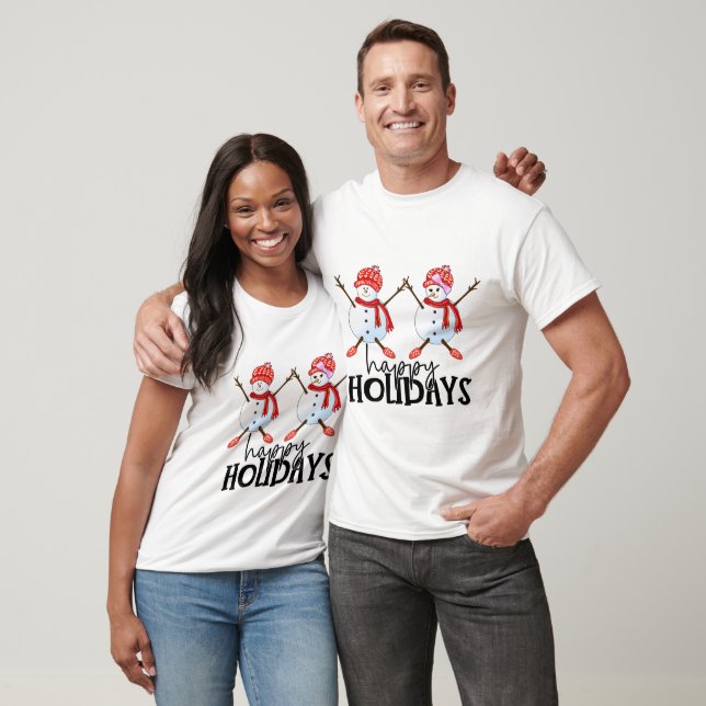 Camiseta Feliz hombre de nieve y su esposa celebrando Navid (Unisexo)