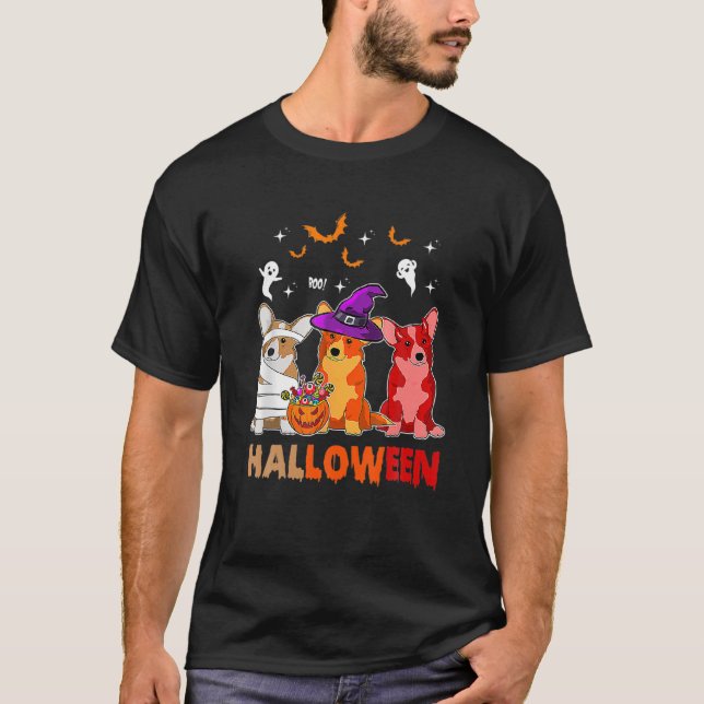 Camiseta Feliz Howad O Ween Halloween Cute Corgi Bruja Mumm (Anverso)