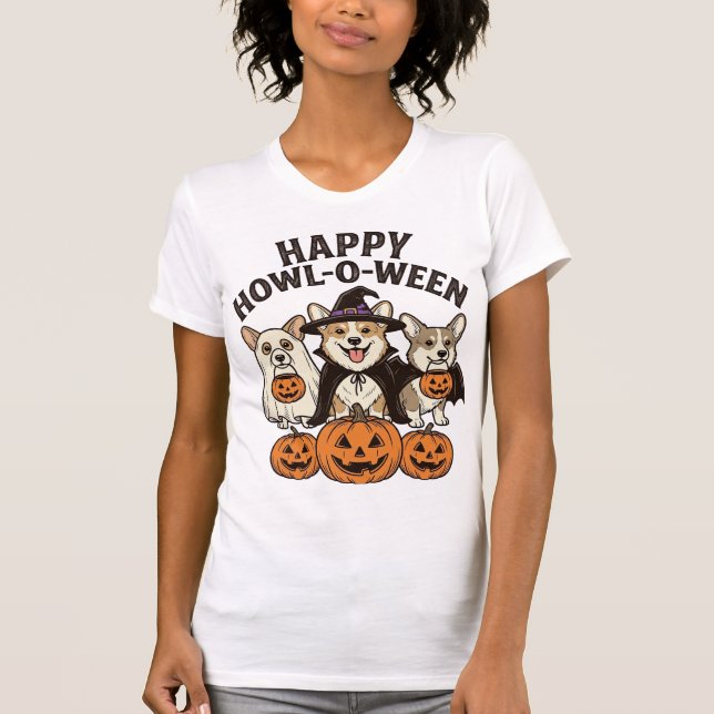 Camiseta Feliz Howl-O-Ween Corgi Halloween Perro Vector Des (Anverso)