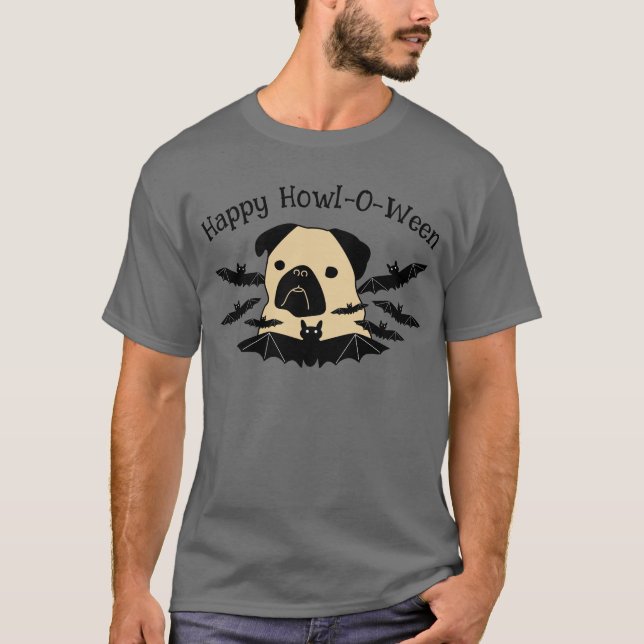 Camiseta Feliz Howl-O-Ween Pug con murciélagos (Anverso)