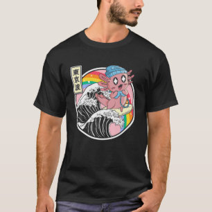 Camiseta Feliz Juego Axolotl Surfing Kanagawa Wave Kawaii