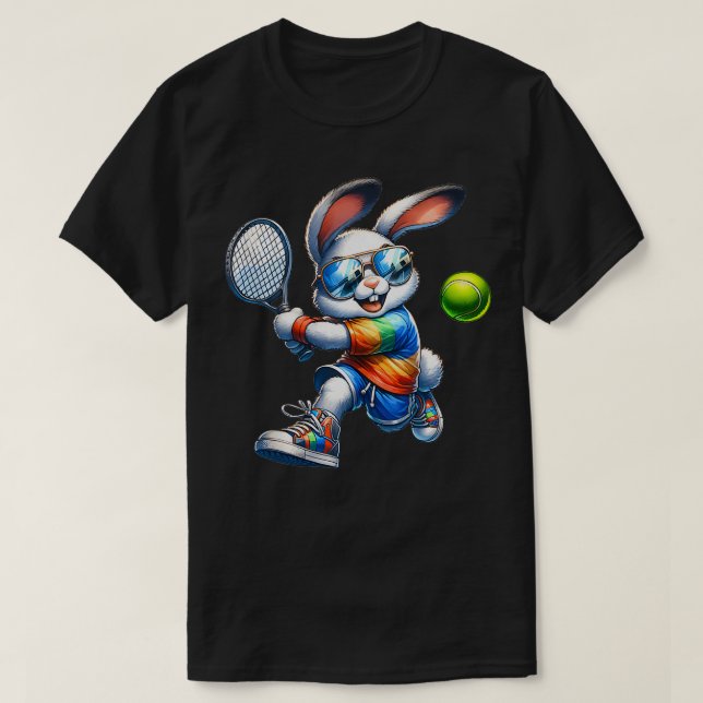 Camiseta Feliz Jugador de Tenis Conejo de Pascua, Rabbi Dep (Diseño del anverso)