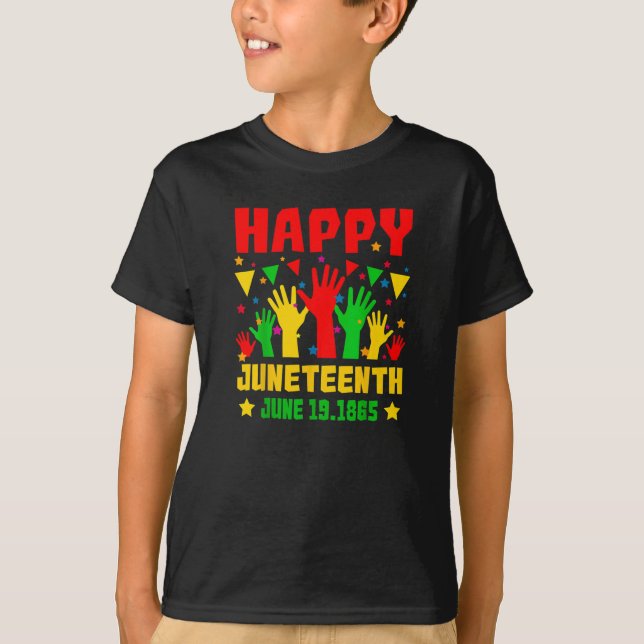 Camiseta Feliz junio, niños de manos amarillas rojas y roja (Anverso)