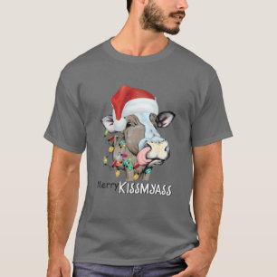 Camiseta Feliz Kissmyass Xmas Fea Vaca Lover Santa Hat Paja