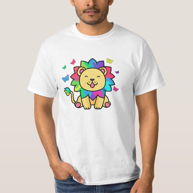 Camiseta Feliz león sonriente con mariposas. (Anverso)