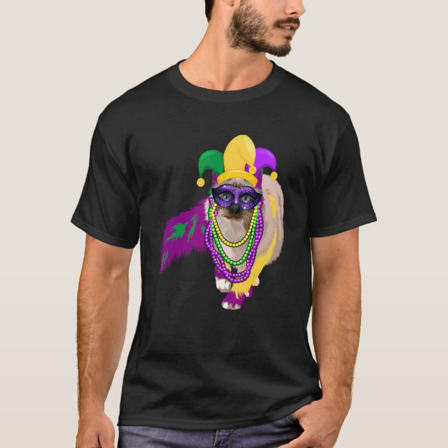 Camiseta Feliz Mardi Gras Cute Cat vistiendo cuentas Jester (Anverso)