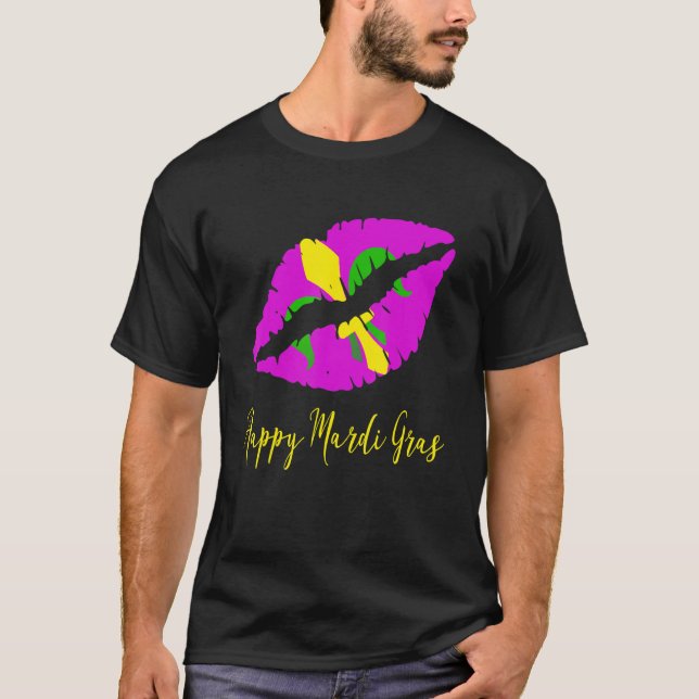 Camiseta Feliz Mardi Grass Purple Lipstick Fleur De Lis Col (Anverso)