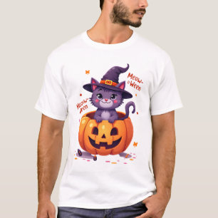 Camiseta Feliz Meow-a-ween - Gato Lindo Bruja Calabaza - Ha