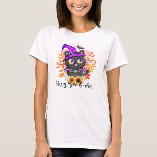 Camiseta Feliz Meow-o-ween-Black Witch Cat (Anverso)