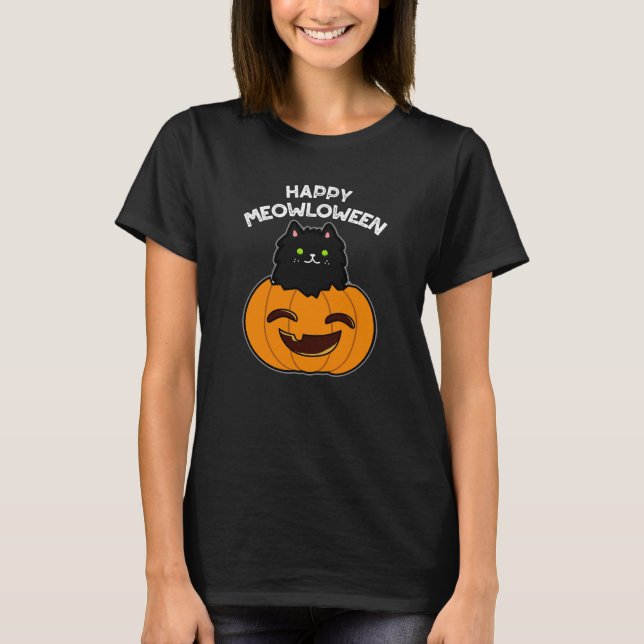 Camiseta Feliz Meowloween Funny Halloween Pun Dark BG (Anverso)