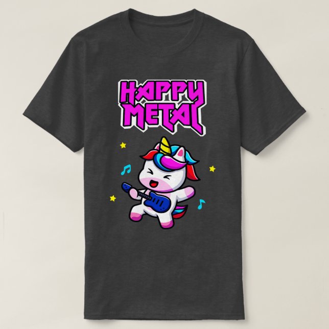 Camiseta Feliz Metalizado unicornio, divertido músico de ro (Diseño del anverso)