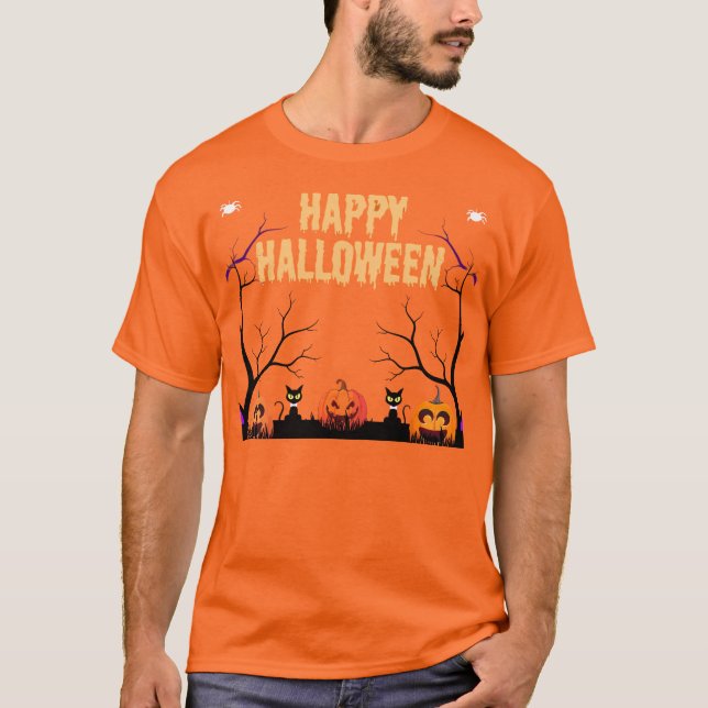 Camiseta feliz Naranja de calabaza y gatos de Hall (Anverso)