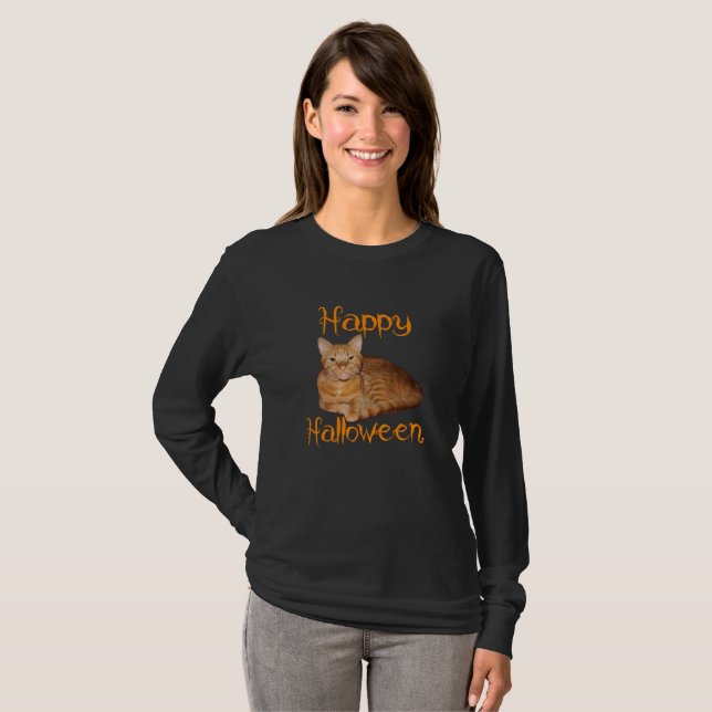 Camiseta Feliz Naranja de Halloween sin miedo Tabby Cat (Anverso completo)