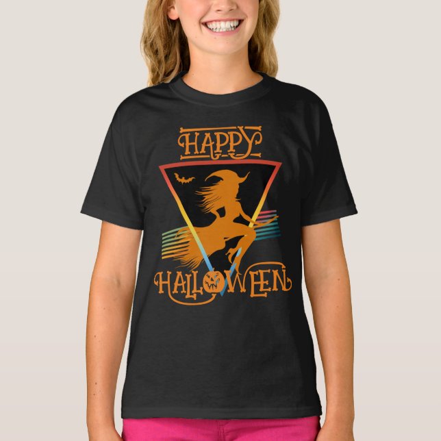 Camiseta Feliz Naranja negro de brujas de Halloween (Anverso)