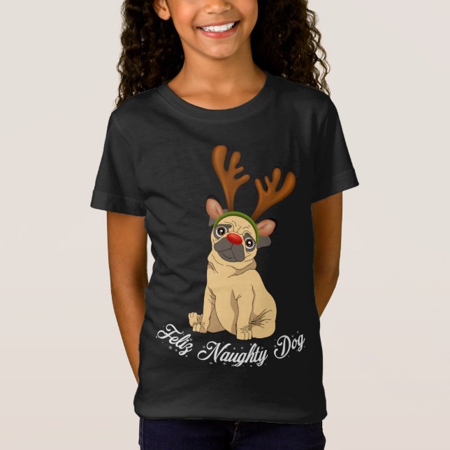 Camiseta Feliz Naughy Doggy Navidades graciosos Perro Pug R (Anverso)