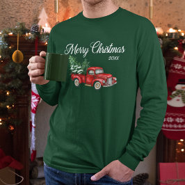 Camiseta Feliz Navidad acuarela Vintage Camión Rojo Verde