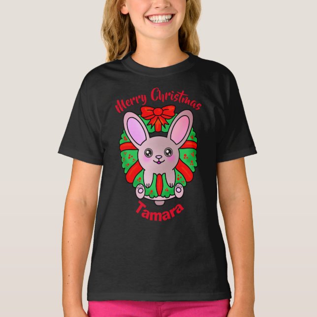 Camiseta Feliz Navidad Adorable conejo bebé en Wreath (Anverso)