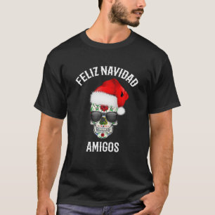 Camiseta Feliz Navidad Amigos Santa Hat Sugar Skull Mexican