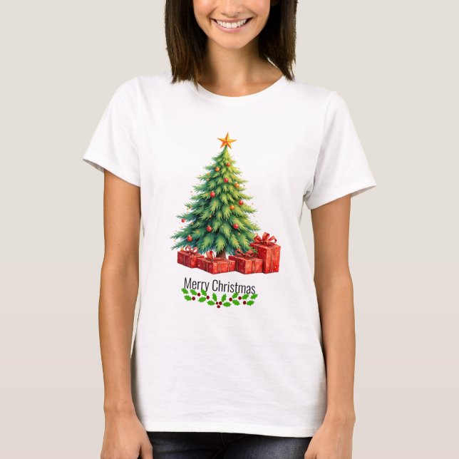 Camiseta Feliz Navidad, árbol decorado, (Anverso)