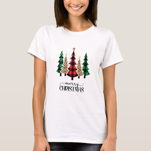 Camiseta Feliz Navidad Árboles verdes rojos de felpa (Anverso)