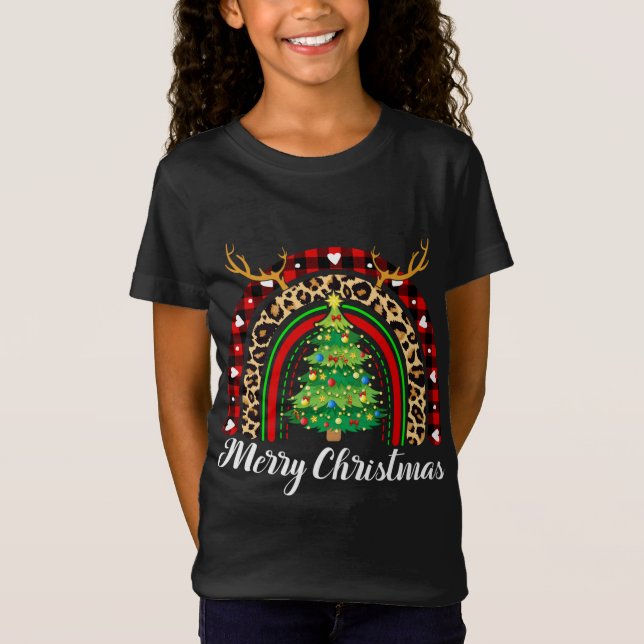 Camiseta Feliz Navidad Arcoiris Plaid Leopardo Búfalo (Anverso)