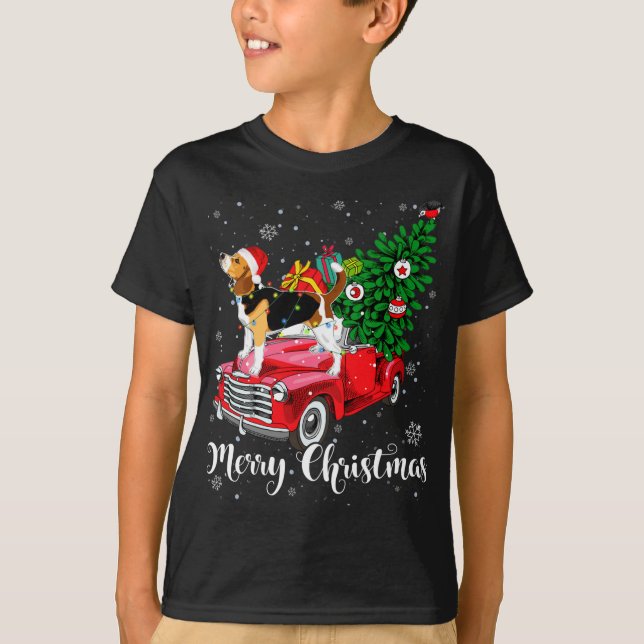 Camiseta Feliz Navidad Beagle Santa Light Red Truck Xmas (Anverso)