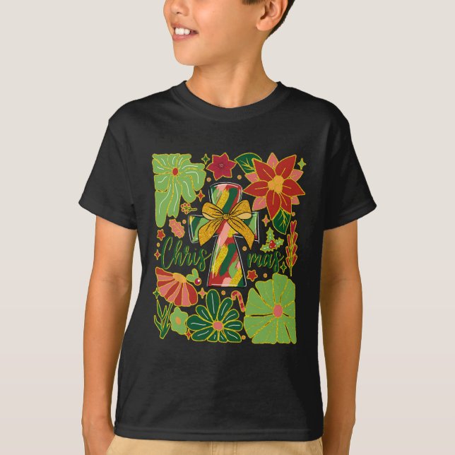 Camiseta Feliz Navidad Boho Flores cruza mujeres cristianas (Anverso)