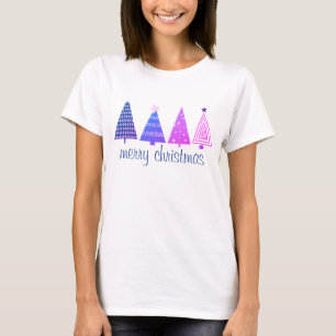 Camiseta Feliz Navidad Boho morado y árboles rosas blanco