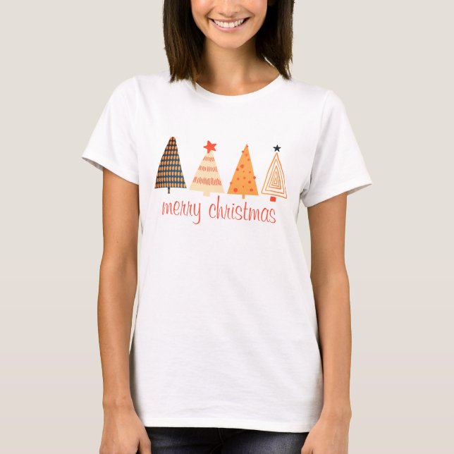 Camiseta Feliz Navidad Boho Naranjas Árboles blancos (Anverso)