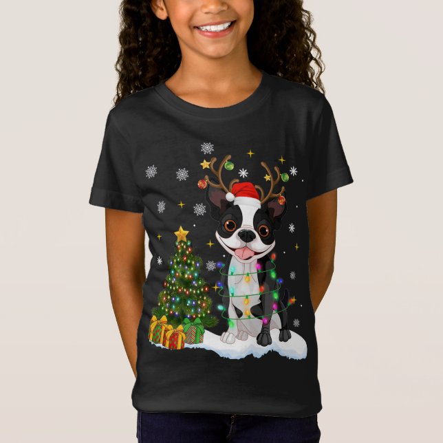 Camiseta Feliz Navidad Boston Terrier Dog Xmas Luces Tre (Anverso)