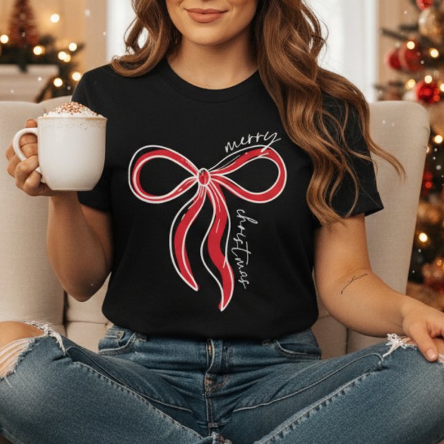 Camiseta Feliz Navidad Bow Shirt | Trendy Coquette Christ (Trendy Merry Christmas Bow Shirt – minimalist red ribbon design for a chic, festive holiday look!)