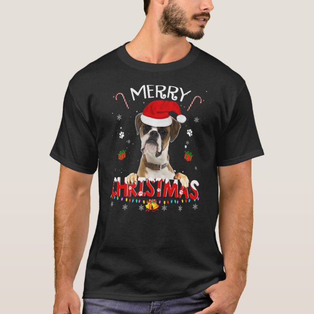 Camiseta Feliz Navidad Boxer Perro Santa Sombrero Encender  (Anverso)