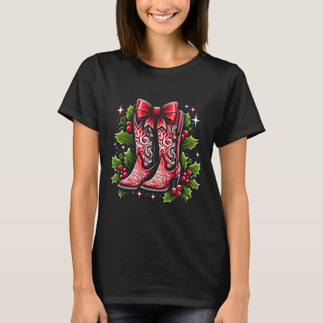 Camiseta Feliz Navidad Brillante Cowgirl Boot XC Occidental (Anverso)