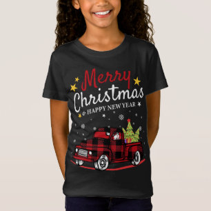 Camiseta Feliz Navidad Búfalo Camión Snowman Tree Red Pla