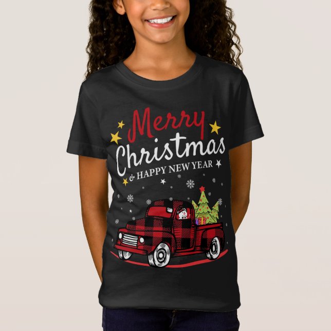Camiseta Feliz Navidad Búfalo Camión Snowman Tree Red Pla (Anverso)