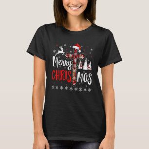 Camiseta Feliz Navidad Búfalo Cruz Roja Plaid Christian