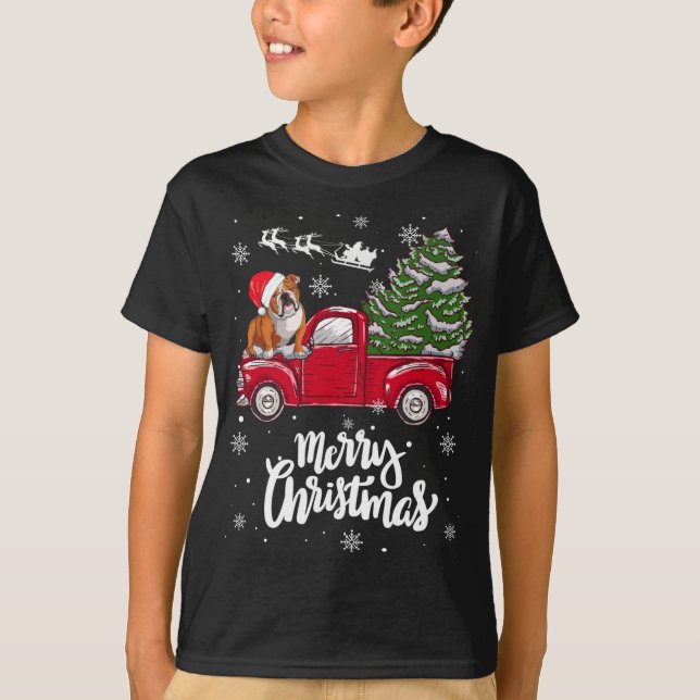 Camiseta Feliz Navidad Bulldog inglés Santa Red Truck Xm (Anverso)