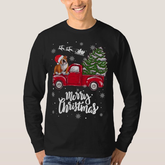 Camiseta Feliz Navidad Bulldog inglés Santa Red Truck Xm (Anverso)
