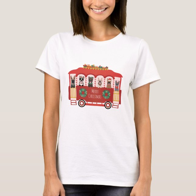 Camiseta Feliz Navidad Bulldoges franceses Holiday Trolly (Anverso)
