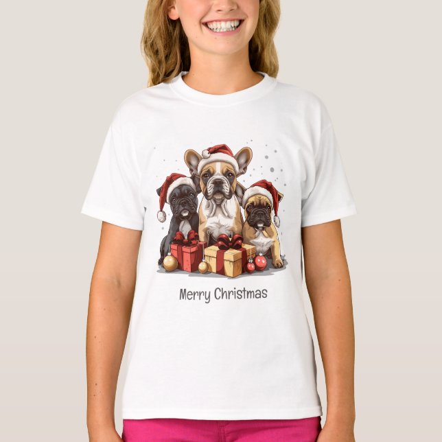 Camiseta Feliz Navidad Bulldoges franceses Santa Hat (Anverso)