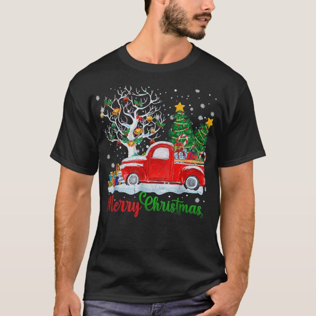 Camiseta Feliz Navidad Camión Rojo Árbol de Navidad Luces S (Anverso)