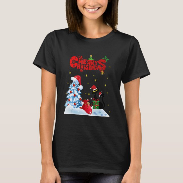 Camiseta Feliz Navidad Cat gorra del árbol de Navidad santa (Anverso)