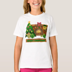 Camiseta Feliz Navidad cerca de la chimenea de fuego árbol