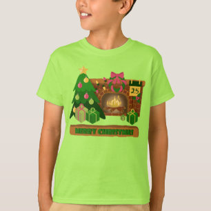 Camiseta Feliz Navidad cerca de la chimenea de fuego árbol 