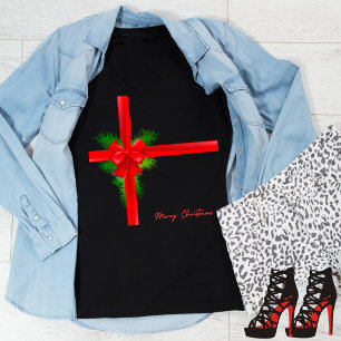 Camiseta Feliz Navidad, cinta roja y reverencia