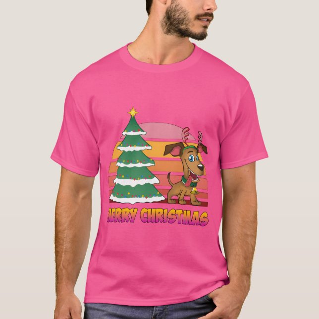 Camiseta Feliz Navidad con árbol de Navidad y perro lindo b (Anverso)